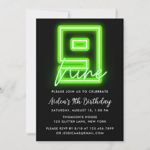 Neon Green 9th Birthday Invitation Kaart