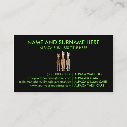 Neon Green Alpaca Dier Visitekaartje (Achterkant)