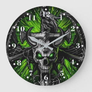 Neon Green Black Gothic Skull Winged Monster Grote Klok