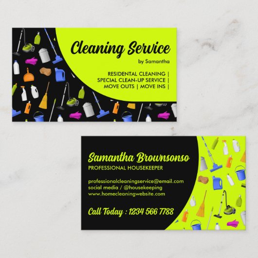 Neon Green Black Modern House Cleaning Service Visitekaartje (Voorkant / Achterkant)