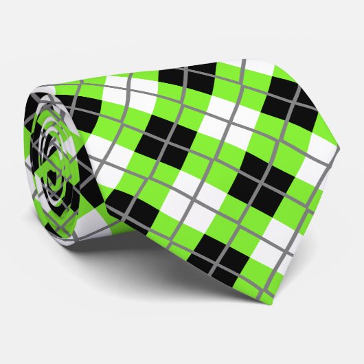 Neon Green, Black, White en Grey Argyle Print Stro Stropdas (Opgerold)