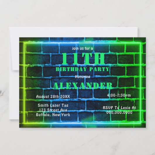 Neon Green Blue Brick 11th Birthday Party Invite (Voorkant)