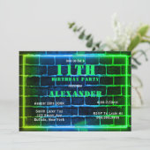 Neon Green Blue Brick 11th Birthday Party Invite (Staand voorkant)