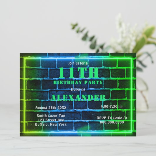 Neon Green Blue Brick 11th Birthday Party Invite (Staand voorkant)