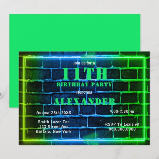 Neon Green Blue Brick 11th Birthday Party Invite (Voorkant / Achterkant)