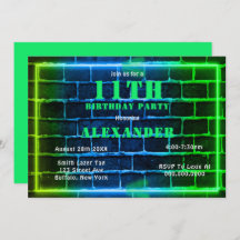Neon Green Blue Brick 11th Birthday Party Invite