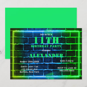 Neon Green Blue Brick 11th Birthday Party Invite