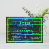 Neon Green Blue Brick 12th Birthday Party Invite (Staand voorkant)