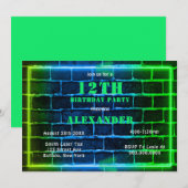 Neon Green Blue Brick 12th Birthday Party Invite (Voorkant / Achterkant)