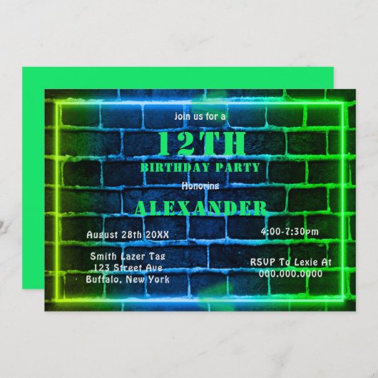 Neon Green Blue Brick 12th Birthday Party Invite (Voorkant / Achterkant)