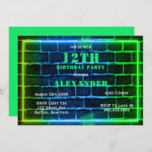 Neon Green Blue Brick 12th Birthday Party Invite