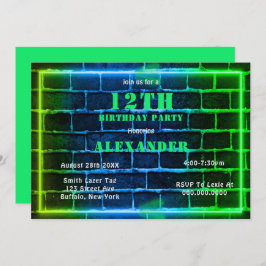 Neon Green Blue Brick 12th Birthday Party Invite
