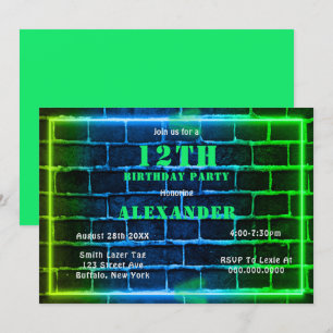 Neon Green Blue Brick 12th Birthday Party Invite