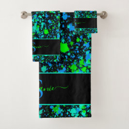 Neon Green Blue Paint Splatter Monogram Retro Bad Handdoek