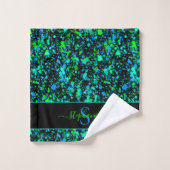 Neon Green Blue Paint Splatter Monogram Retro Bad Handdoek (Wasdoekje)