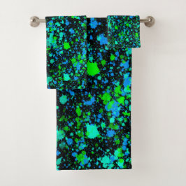 Neon Green Blue Paint Splatter Retro Bad Handdoek