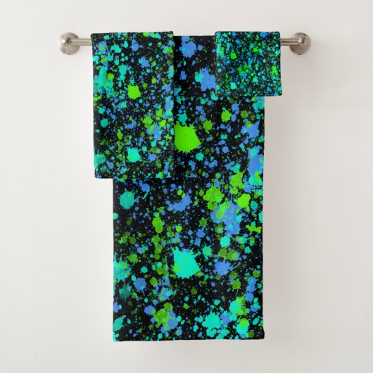 Neon Green Blue Paint Splatter Retro Bad Handdoek (Insitu)
