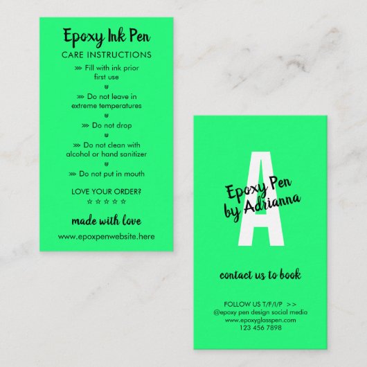 Neon Green Care Instructies voor Epoxy Pen Notitiekaartje (Voorkant / Achterkant)