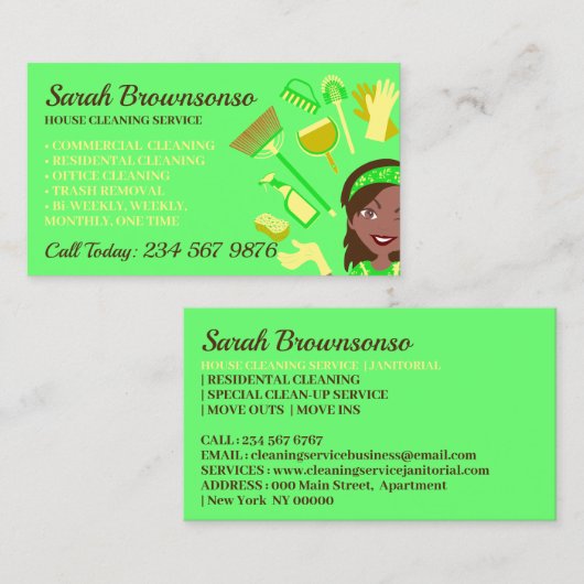 Neon Green Dark Skin Janitorial Lady Cleaning Visitekaartje (Voorkant / Achterkant)