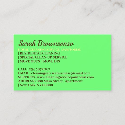 Neon Green Dark Skin Janitorial Lady Cleaning Visitekaartje (Achterkant)