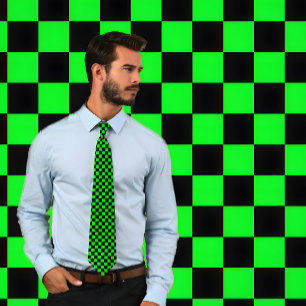 Neon Green en Black Checkerboard Necktie Stropdas