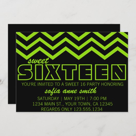 Neon Green en Black Chevron Sweet 16 Uitnodiging (Voorkant / Achterkant)