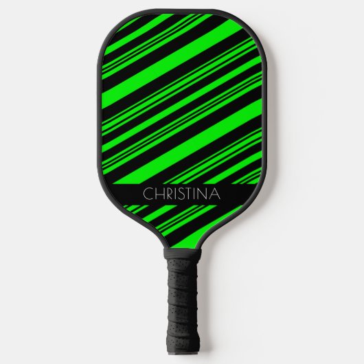 Neon Green en Black Stripes Modern Custom Name Pickleball Paddle (Voorkant)