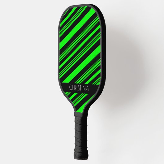 Neon Green en Black Stripes Modern Custom Name Pickleball Paddle (Links)