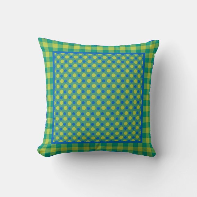 Neon Green en Blue Polka Dots en Check Gingham Kussen (Voorkant)