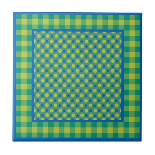 Neon Green en Blue Polka Dots on Emerald, Checks Tegeltje (Voorkant)