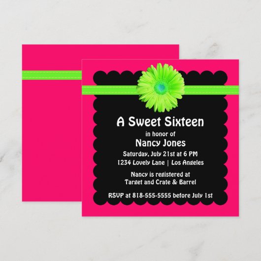 Neon Green en Pink Sweet Sixteen Uitnodiging (Voorkant / Achterkant)