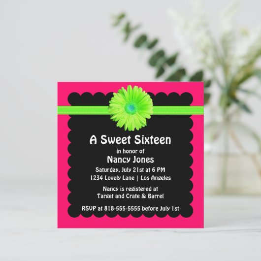 Neon Green en Pink Sweet Sixteen Uitnodiging (Staand voorkant)