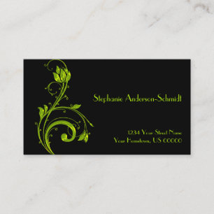 Neon Green Floral Leaf Swirls op Black Busines Visitekaartje