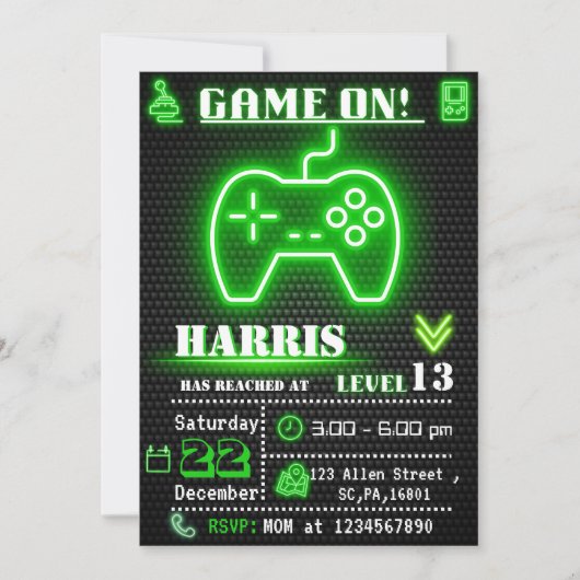 Neon Green Gamer Birthday Party Invitation Kaart (Voorkant)