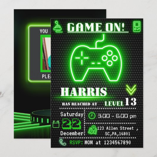 Neon Green Gamer Birthday Party Invitation Kaart (Voorkant / Achterkant)