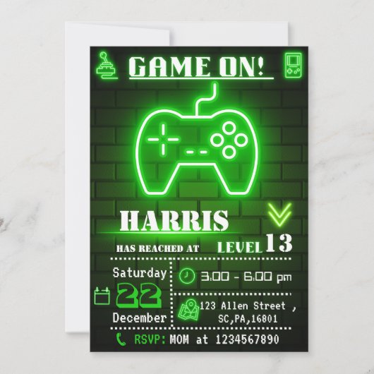 Neon Green Gamer Birthday Party Invitation Kaart (Voorkant)