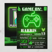 Neon Green Gamer Birthday Party Invitation Kaart (Voorkant / Achterkant)