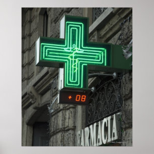 Neon Green kruis buiten Farmacia (geneesmiddelenwi Poster
