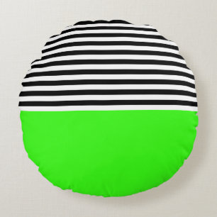 Neon Green met zwarte en witte strepen Rond Kussen