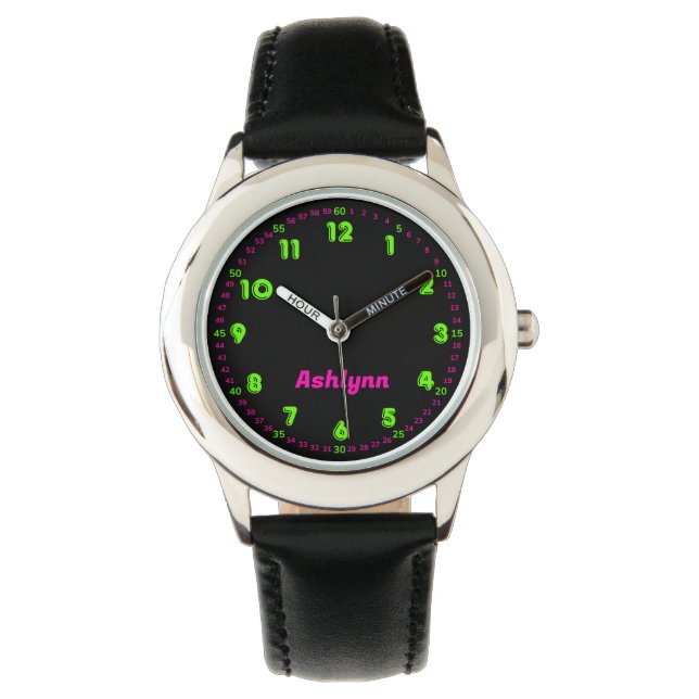 Neon Green & Pink Time-Teaching Kids Learning  Horloge (Voorkant)