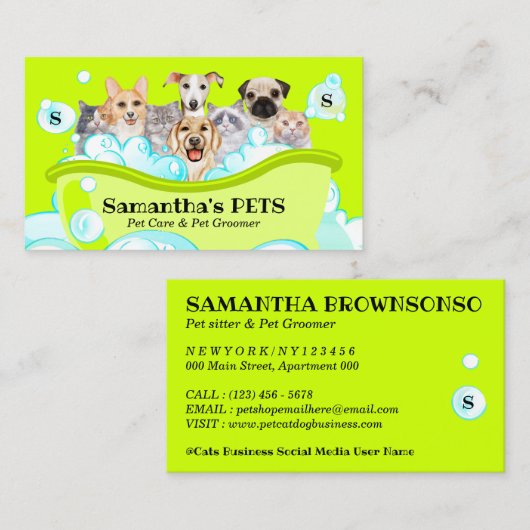 Neon Green Spa Sitter Groom PetCare Bathing Visitekaartje (Voorkant / Achterkant)