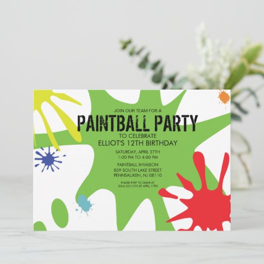 Neon Green Split Splat Custom Paintball Party Kaart (Staand voorkant)