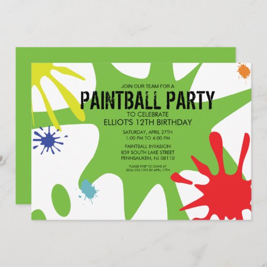 Neon Green Split Splat Custom Paintball Party Kaart (Voorkant / Achterkant)