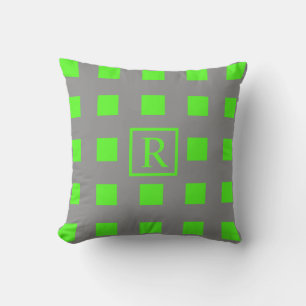 Neon Green Squares Patterns Monogrammen Grijs Scha Buitenkussen