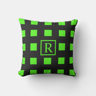 Neon Green Squares Patterns Monograms Zwart Schatt Buitenkussen