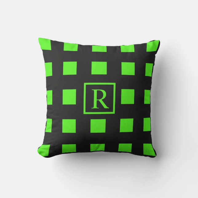 Neon Green Squares Patterns Monograms Zwart Schatt Buitenkussen (Voorkant)