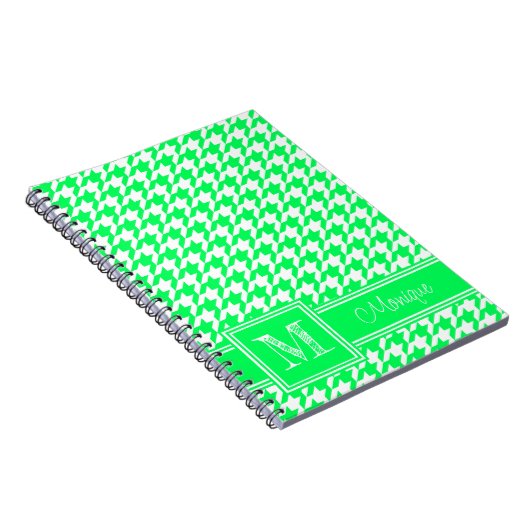 Neon Green White Houndstooth | Modern monogram Notitieboek (Rechterzijde)