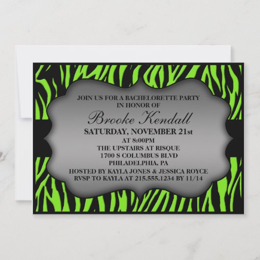 Neon Green Wild Night Zebra Bachelorette Party Kaart (Voorkant)