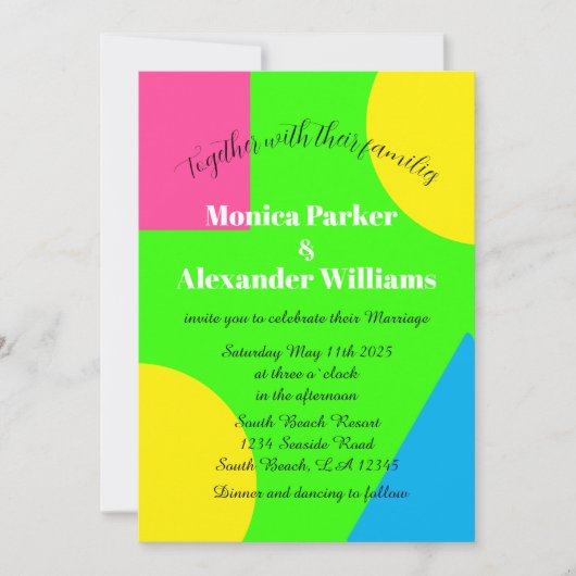 Neon Green Yellow Pink Blue Modern Retro Wedding Kaart (Voorkant)