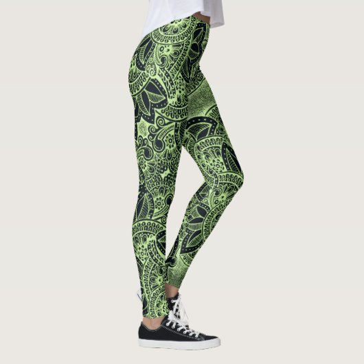 Neon Green Yoga Zen Floral Paisley Mandala Pattern Leggings (Rechts)